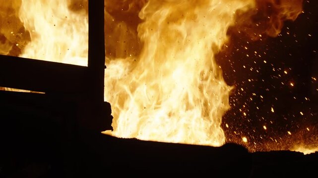 Molten Metal Sparks and Flames in Industrial Furnace at Foundry