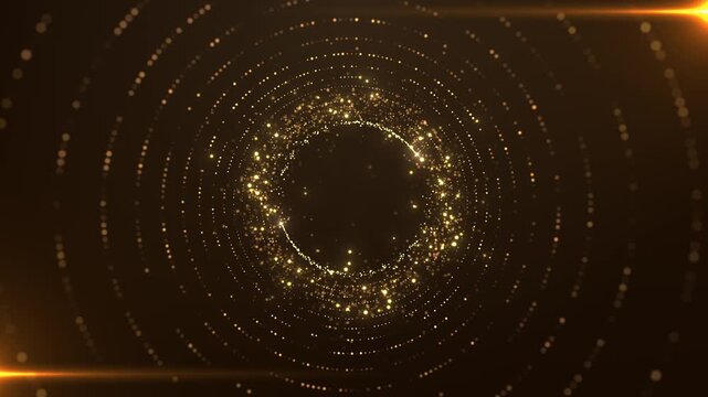 Elegant gold light vortex swirls center, glittering particles orbits create depth. brand reveals, beauty advertising, holiday openers, anniversary jewelry campaigns, gala presentations, luxury motion