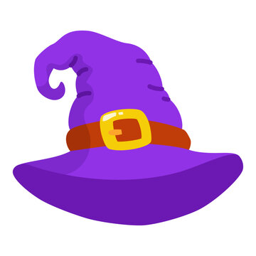 Cute cartoon purple witch hat with yellow buckle isolated. Halloween magical symbol for trick or treat design. Vector illustration