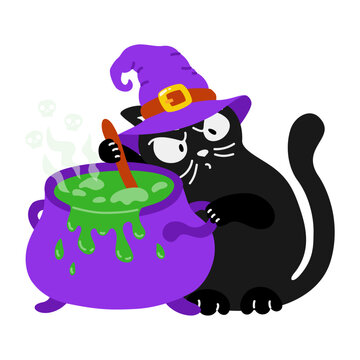Cute black cat wearing witch hat stirring magic potion in purple cauldron. Cartoon Halloween whimsical character for trick or treat design. Vector illustration