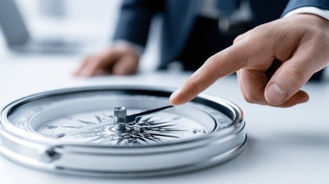 A man's hand points to a compass, symbolizing direction and decision-making in business. The background shows a blurred office setting with a laptop, suggesting a professional context