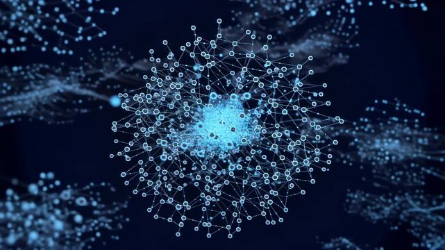 Abstract glowing molecular network structure in dark blue space with subtle camera zoom