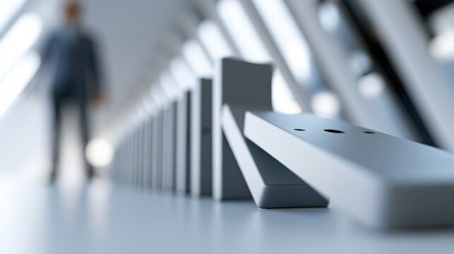 A man in a suit stands in the background of a row of dominoes falling, symbolizing the effect of a single action.