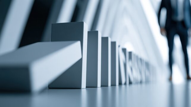 A man in a suit standing at the end of a line of dominoes, ready to push the first one. The scene suggests a concept of risk, consequence, or a chain reaction within a business context