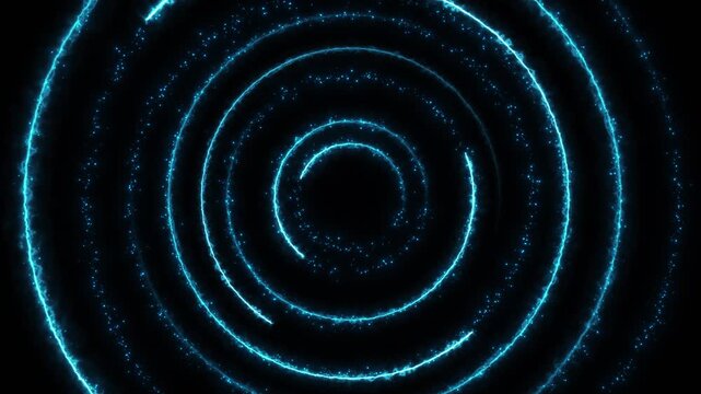 Glowing cyan ripple circles expand darkness energized edges and scattered sparks. for quantum technology, digital tunnels, cosmic gateways, electromagnetic waves, music visuals, teleportation scenes