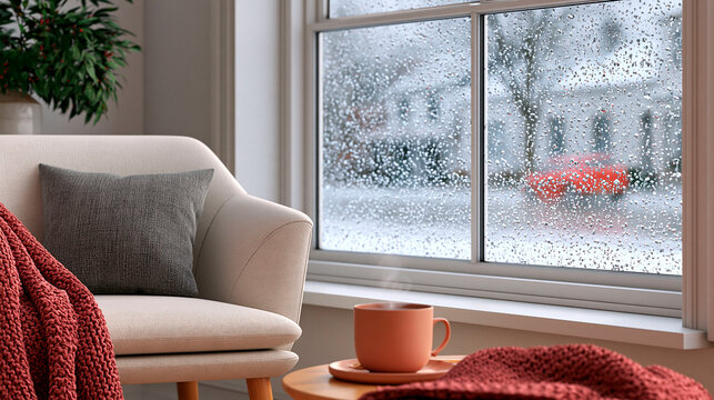 Cozy living room with armchair, warm blanket and coffee by large window covered with raindrops on a cold rainy day