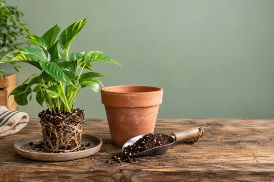 Houseplant Rootball and Pot Ready for Repotting