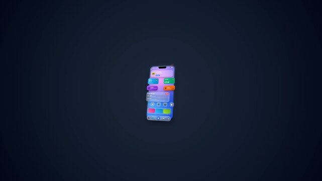 3D Smartphone Mockup Animation with Exploding Glassmorphism Mobile UI Interface on Dark Background