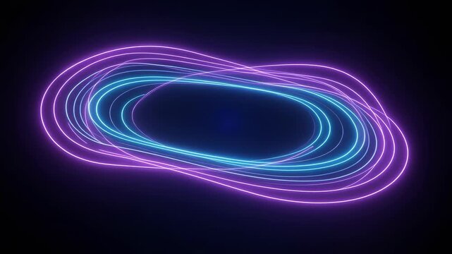 Abstract glowing neon oval rings expanding with fluid motion on black background
