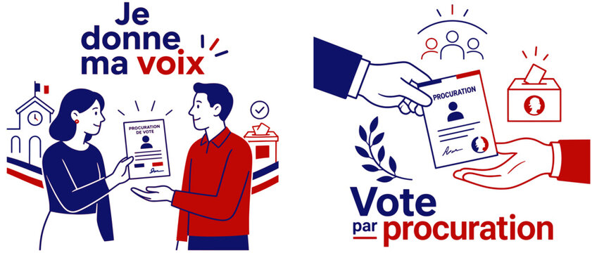 Illustration infographie bleu blanc rouge sur le vote par procuration