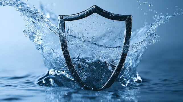 Metallic shield standing firm against massive water splash in blue light