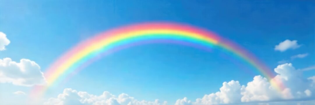 A vibrant, arched rainbow streaks across a clear blue sky, seemingly acting as a bridge or pathway, suggesting a flight or journey through magical colors , prismatic, perspective, optical phenomenon