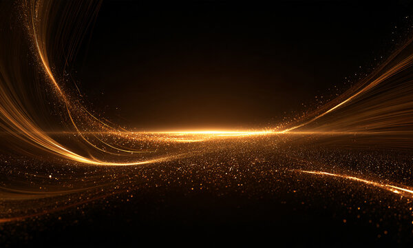 A radiant golden wave flows smoothly across a dark background. Thin sparkling trails curve gently and diffuse light particles shimmer in varying densities.