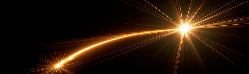 A dynamic golden light trail arcs across a dark background. The glow emanates with high intensity and sharp linear rays. This abstract illumination creates a striking visual focal point for. © Keoftstock