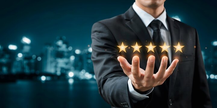 Businessman Holding Five Golden Stars Representing Customer Satisfaction Quality Service Excellence Business Success And Ratings