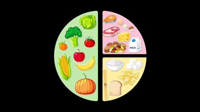 Animated food groups chart showing fruits vegetables protein dairy and grains on black background.