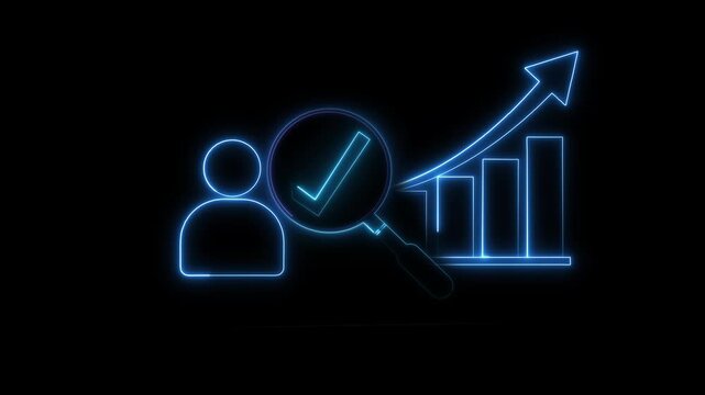 Glowing blue line icon of a user profile, check mark magnifier, rising bar chart and upward arrow on a black background.