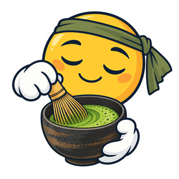 Emoji whisking green matcha tea in a ceramic bowl