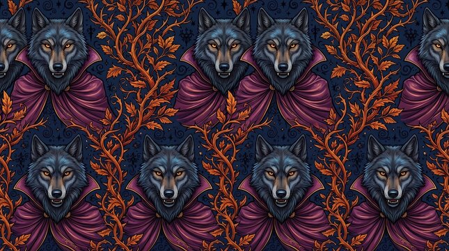 Wolf in cape and vines pattern