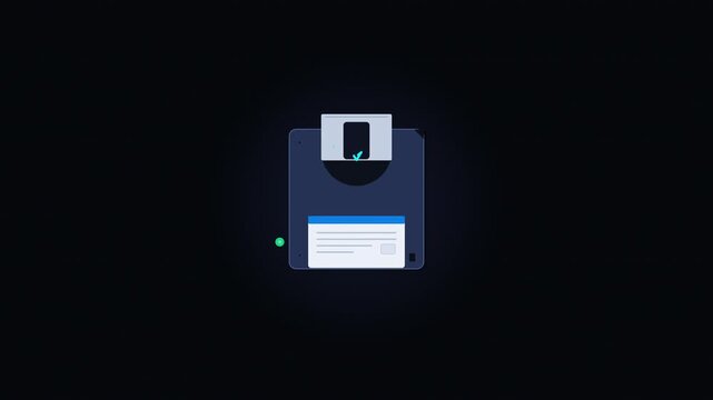Retro floppy disk saving data on dark background, nostalgic technology, digital storage, computer icon, data transfer