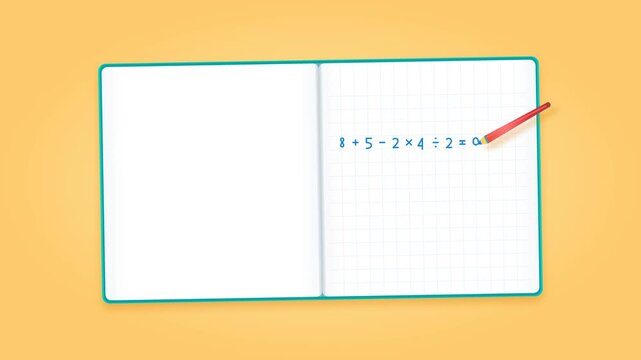 Animated Pencil Writing Math Equation in Open Notebook on Yellow Background