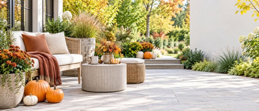 Autumn patio decorated with pumpkins, chrysanthemums, cushions, and seasonal plants beside modern home, offering welcoming Thanksgiving styling, warm fall colors, and spacious copy space for lifestyle