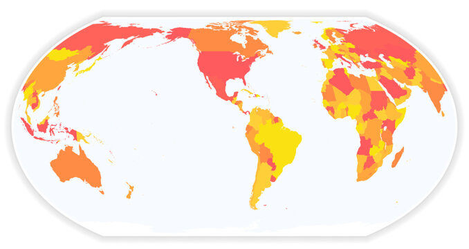 Map of World in new Equal Earth projection. High-quality political blank map. Editable vector illustration with layers. Americas centered map. Orange colored design.