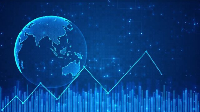 Bright global market pixel globe, fluctuating trend line, glowing bar graph. business intelligence, global commerce, financial performance, economic analysis, reports, trading news, investor content.