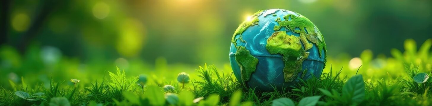 A vibrant green Earth generator powering lush plants and clean energy, symbolizing sustainable Earth Day practices and environmental protection ,  generator,  pollution reduction