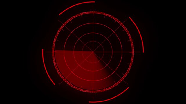 Glowing red radar screen with circular grid, scanning wedge and segmented rings on a black background, suggesting surveillance, targeting and security technology.