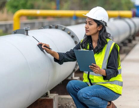 Young Engineer Inspecting Pipeline Infrastructure with Clipboard and Measuring Device in Industrial Setting