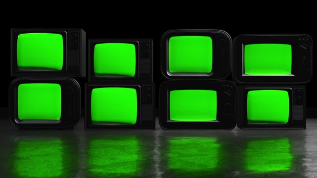 Multiple old television sets green screens nostalgic media wall black. chroma key editing, custom footage insertion, streaming, channel promos surveillance themes, entertainment, retro film production