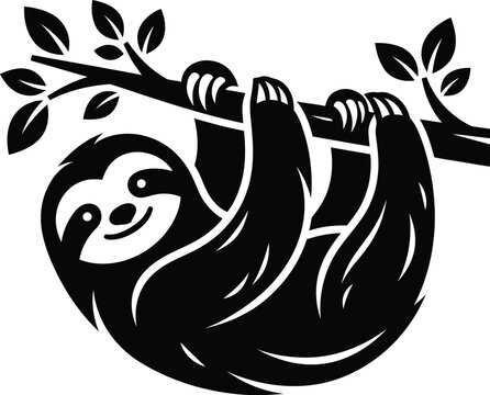 Playful sloth hanging from a sturdy tree branch depicted as a clean flat black and white vector graphic illustration suitable for modern minimalist logos or artistic wall art sticker designs.