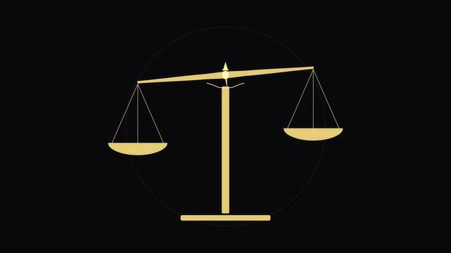 Golden scales of justice symbol animated loop, law and order, legal system, balanced choice, dark background