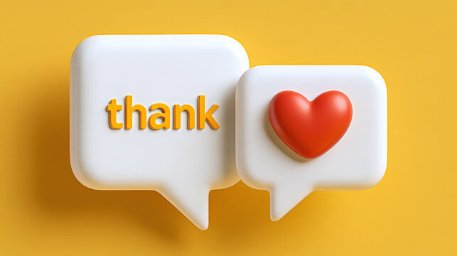 3d speech bubble with thank text and red heart on yellow background xxxx