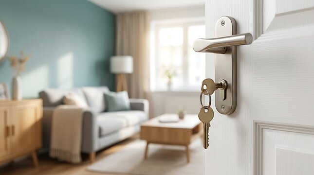 Open Door with Keys to a Modern Living Room.