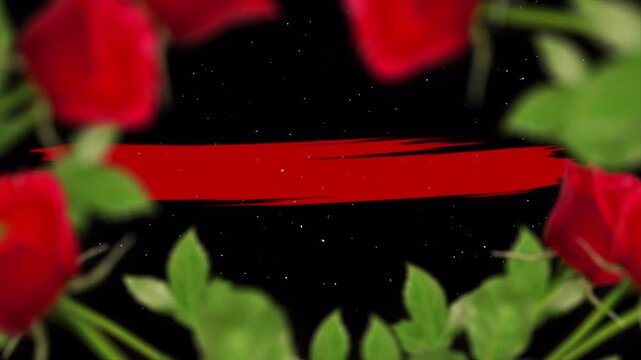 Elegant red rose floral frame with a central red paint brush stroke on black background.