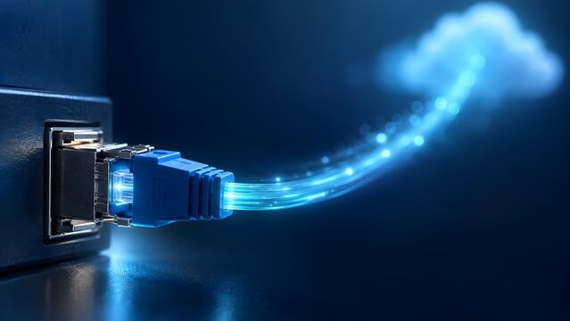 Ethernet cable connected to network server transmitting glowing light particles toward cloud computing network
