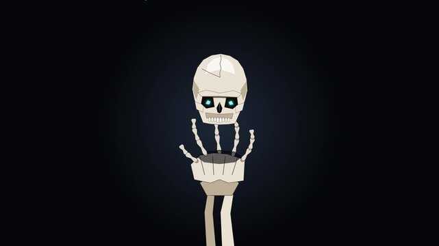 Pixel art skeleton animation with glowing blue eyes on dark background, spooky character