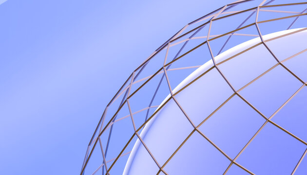 Abstract geometric 3d render with purple-blue sphere and lattice