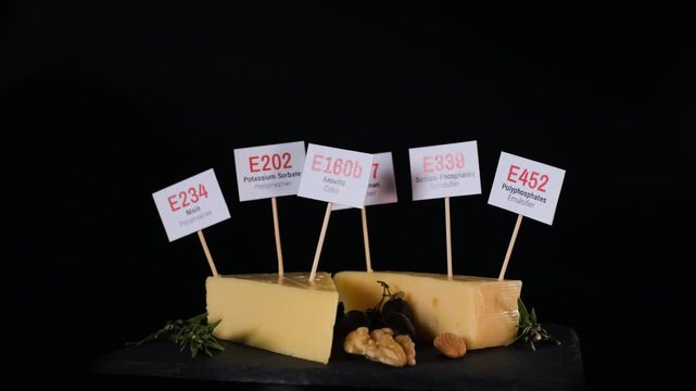 Two fresh cheese pieces turn on a black slate board with E339, E234, E160b, E452, E407 and E202 markers. Processed food warning concept