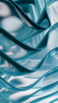 Abstract blue fluid wave shapes with smooth reflective surfaces