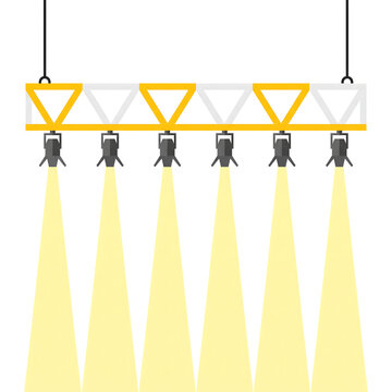 Stage lighting truss with six hanging spotlights casting beams on transparent background