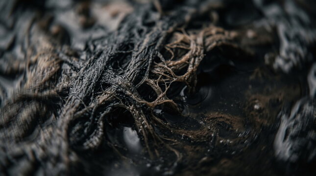 Macro close up texture of dark wet tangled organic fibers and root structures in murky water