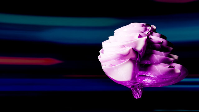 Abstract purple rose sculpture with glossy petals in digital art