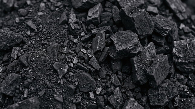 Macro texture of a pile of rough black coal chunks and fine dark fossil fuel dust