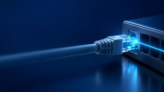 Close up of an ethernet cable plugged into a network switch glowing with blue data transmission light
