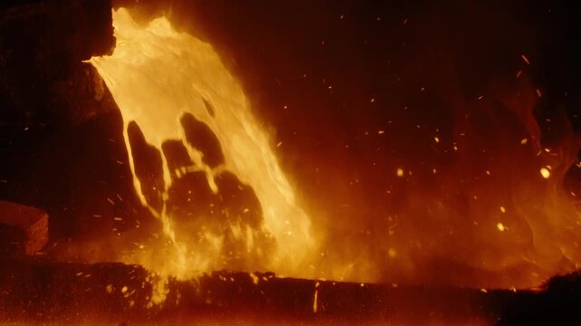 Molten Metal Pouring from Furnace at Steel Foundry