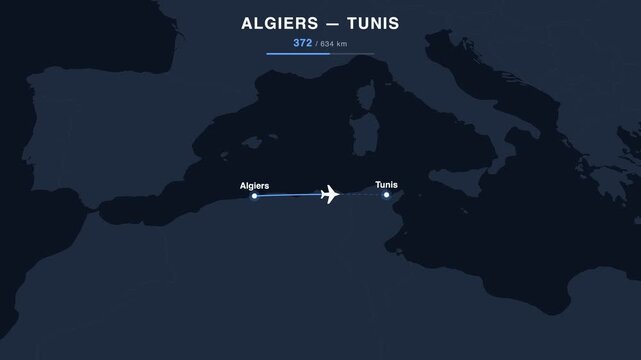 Flight route from Algiers to Tunis animated on a world map. Seamless looping 4K travel animation, 634 km.
