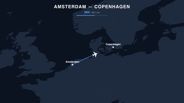 Flight route from Amsterdam to Copenhagen animated on a world map. Seamless looping 4K travel animation, 621 km.